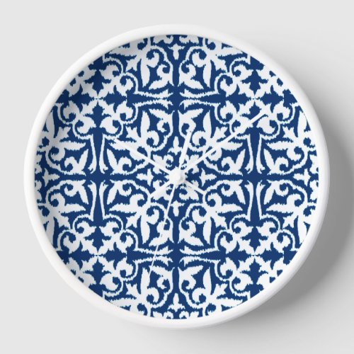 Ikat damask pattern _ Cobalt Blue and White Clock