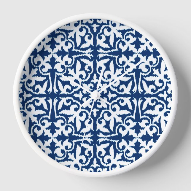 Ikat damask pattern - Cobalt Blue and White Clock (Front)