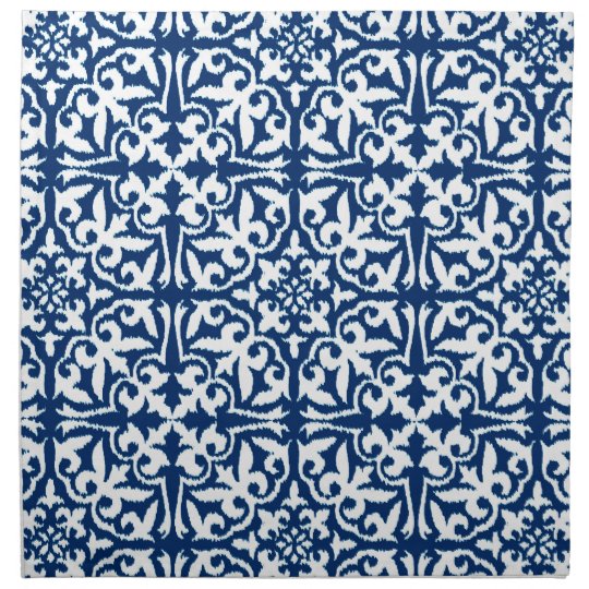 Ikat damask pattern Cobalt Blue and White Cloth Napkin