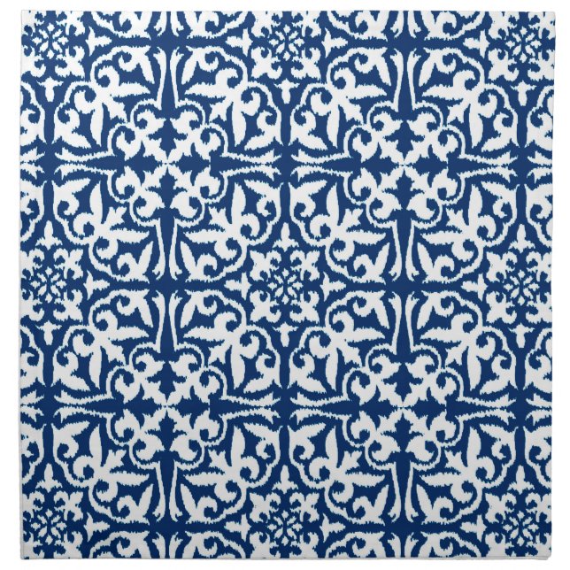 Ikat damask pattern - Cobalt Blue and White Cloth Napkin (Front)