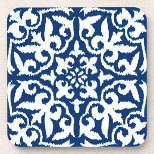Ikat damask pattern - Cobalt Blue and White Drink Coaster