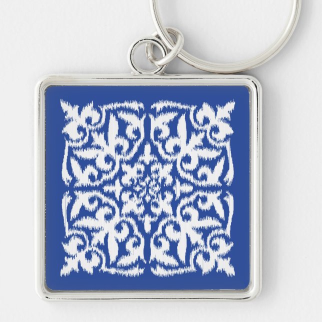 Ikat damask pattern - cobalt blue and white keychain (Front)