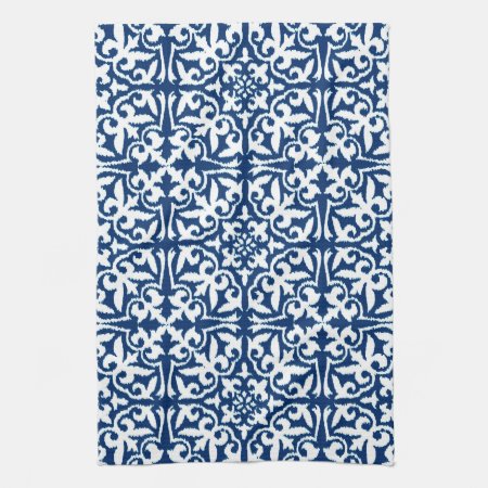 Ikat Damask Pattern - Cobalt Blue And White Kitchen Towel