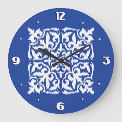 Ikat damask pattern _ cobalt blue and white large clock