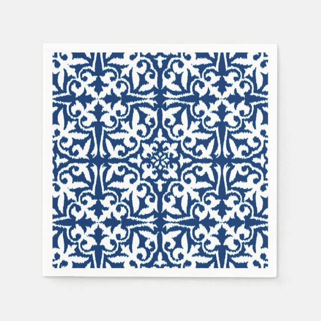 Ikat damask pattern - Cobalt Blue and White Paper Napkins (Front)