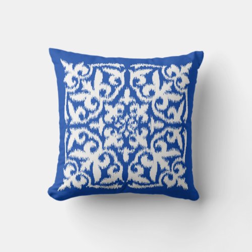 Ikat damask pattern _ cobalt blue and white throw pillow