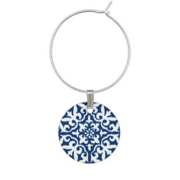 Ikat damask pattern - Cobalt Blue and White Wine Charm