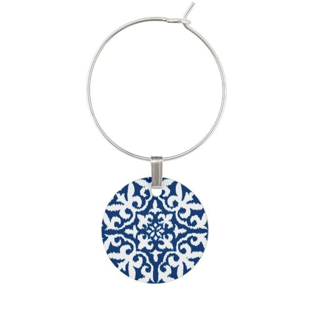 Ikat damask pattern - Cobalt Blue and White Wine Charm (Front)