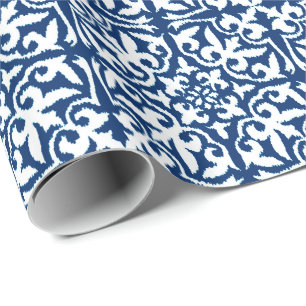 Ikat damask pattern - Cobalt Blue and White Wrapping Paper