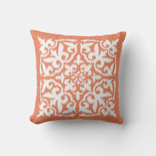 Ikat damask pattern - coral orange and white throw pillow