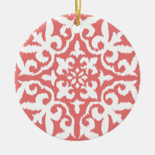 Ikat damask pattern - Coral Pink and White Ceramic Ornament
