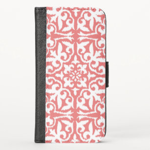 Ikat damask pattern - Coral Pink and White iPhone XS Wallet Case