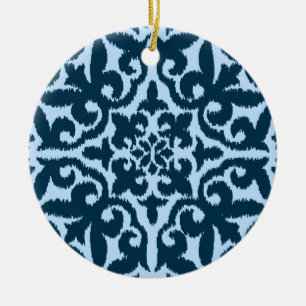 Ikat damask pattern - Dark Indigo and Light Blue Ceramic Ornament