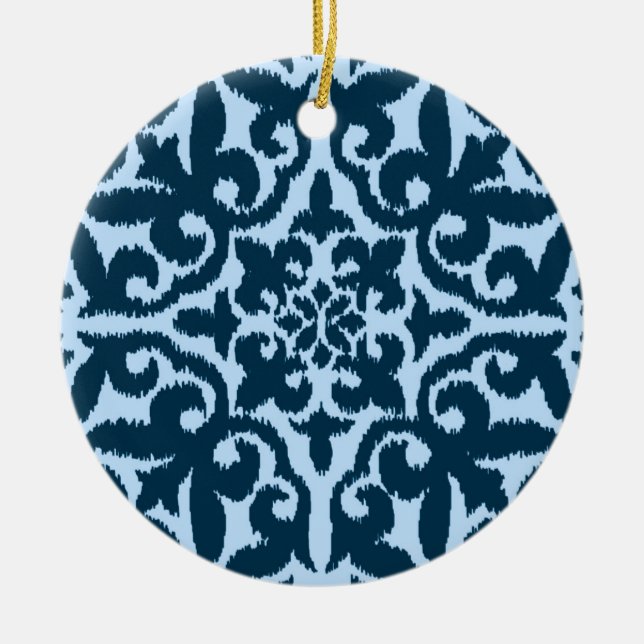 Ikat damask pattern - Dark Indigo and Light Blue Ceramic Ornament (Front)