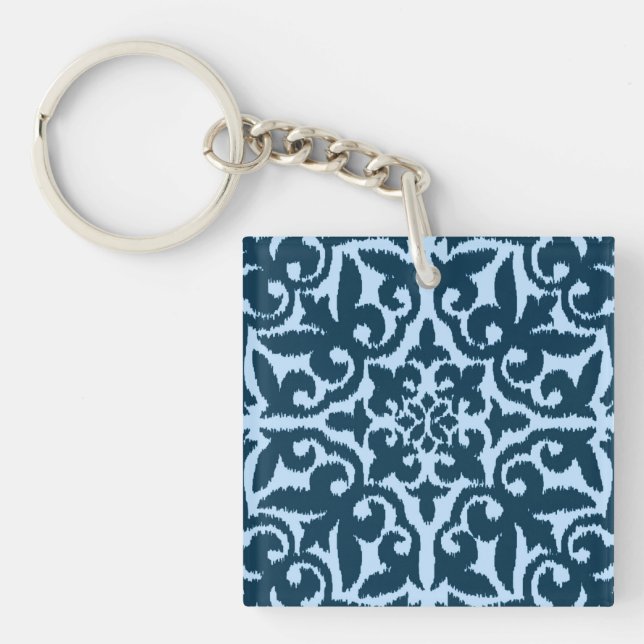 Ikat damask pattern - Dark Indigo and Light Blue Keychain (Front)