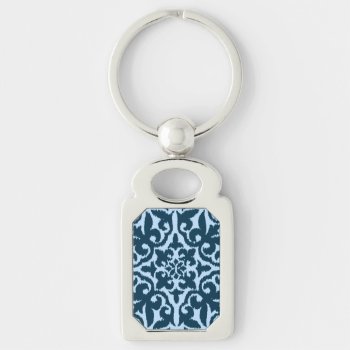 Ikat Damask Pattern - Dark Indigo And Light Blue Keychain by Floridity at Zazzle