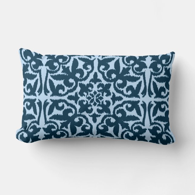 Ikat damask pattern - Dark Indigo and Light Blue Lumbar Pillow (Front)