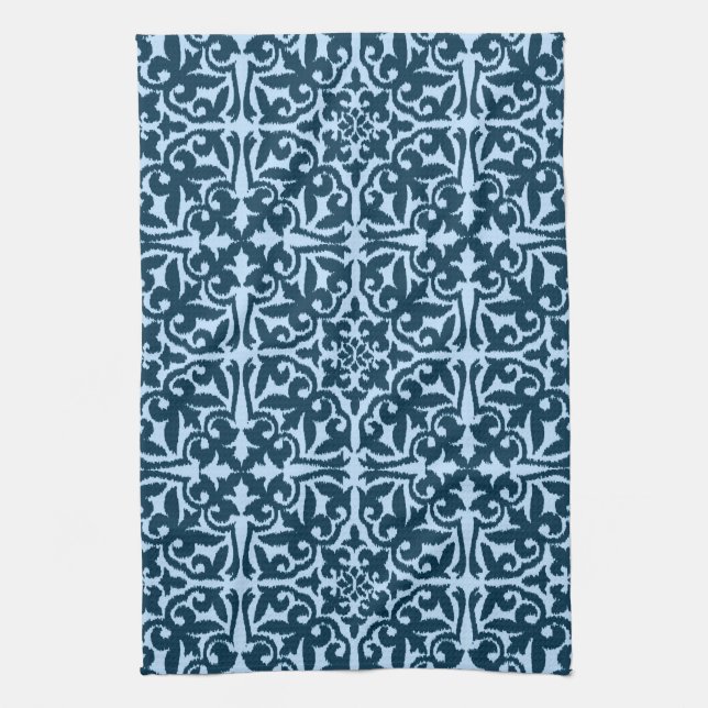 Ikat damask pattern - Dark Indigo and Light Blue Towel (Vertical)