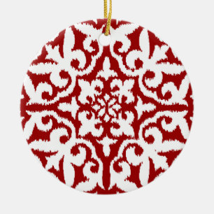 Ikat damask pattern - Dark Red and White Ceramic Ornament
