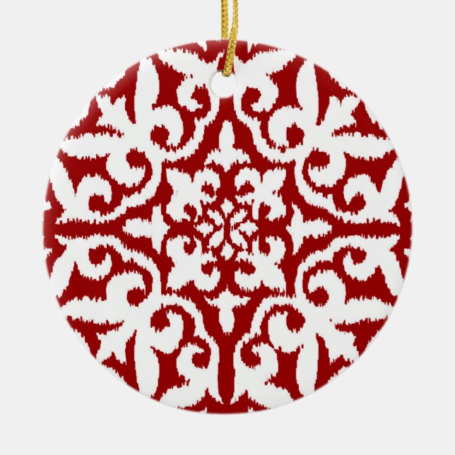 Ikat damask pattern - Dark Red and White Ceramic Ornament (Front)