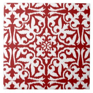 Ikat damask pattern - Dark Red and White Ceramic Tile