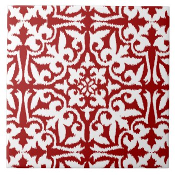 Ikat Damask Pattern - Dark Red And White Ceramic Tile by Floridity at Zazzle