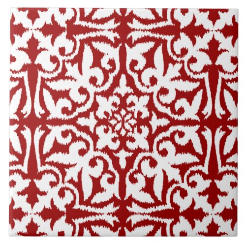 Ikat damask pattern _ Dark Red and White Ceramic Tile