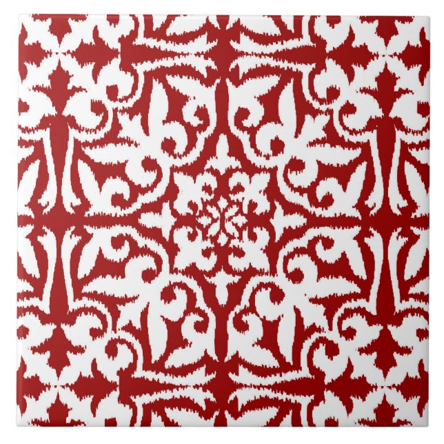 Ikat damask pattern - Dark Red and White Ceramic Tile (Front)
