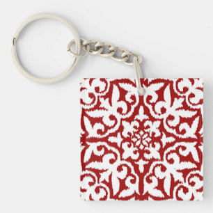 Ikat damask pattern - Dark Red and White Keychain