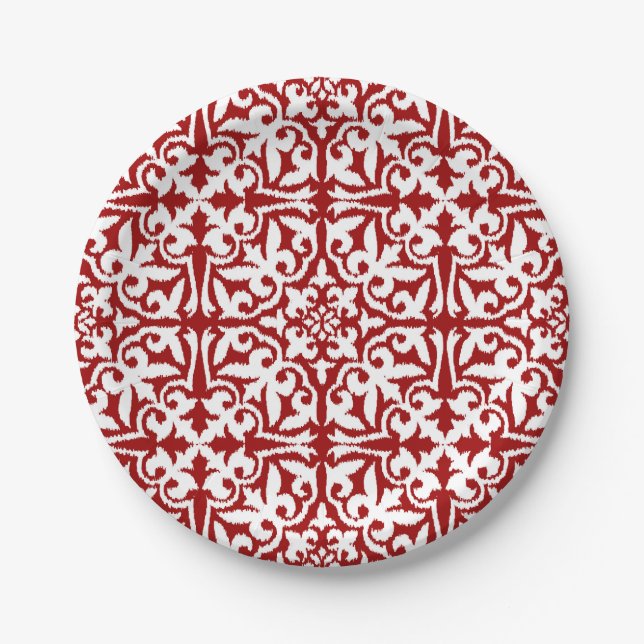 Ikat damask pattern - Dark Red and White Paper Plates (Front)