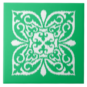 Ikat damask pattern - jade green and white ceramic tile
