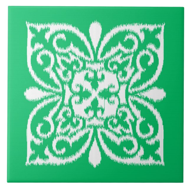 Ikat damask pattern - jade green and white ceramic tile (Front)