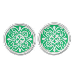 Ikat damask pattern - jade green and white cufflinks