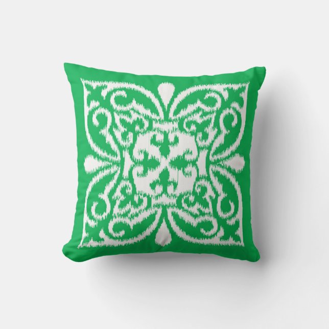 Ikat damask pattern - jade green and white throw pillow (Front)