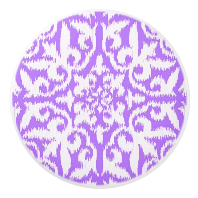 Ikat damask pattern - lavender and white ceramic knob (Front)