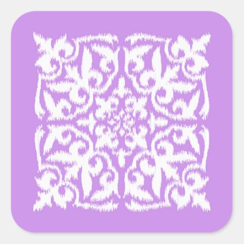 Ikat damask pattern _ lavender and white square sticker