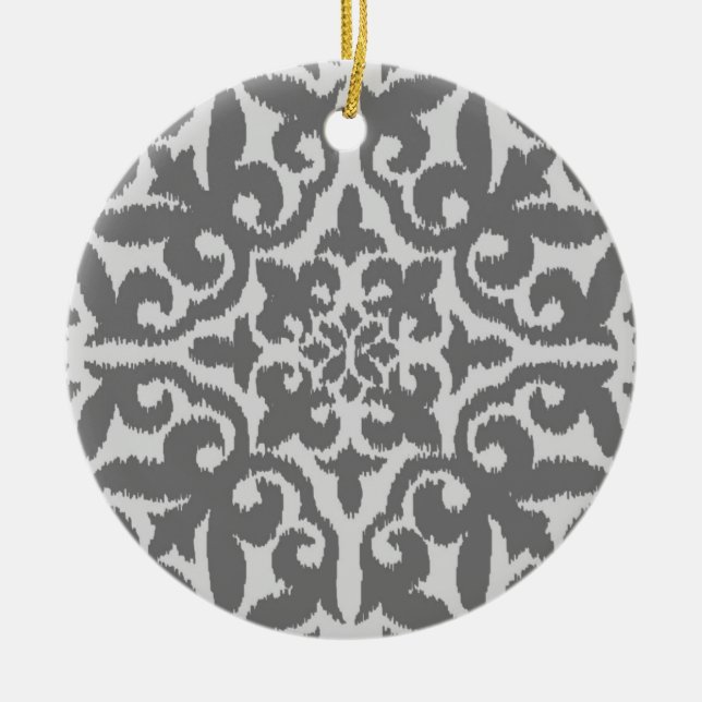 Ikat damask pattern - Light and Medium Grey Ceramic Ornament (Front)