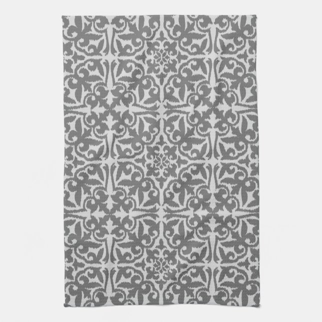 Ikat damask pattern - Light and Medium Grey Kitchen Towel (Vertical)