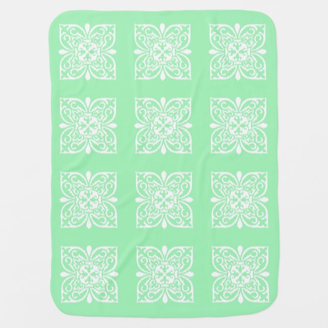 Ikat damask pattern - mint green and white receiving blanket (Front)