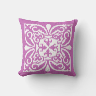 Ikat damask pattern - orchid and white throw pillow