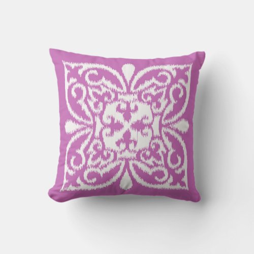 Ikat damask pattern _ orchid and white throw pillow