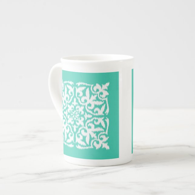Ikat damask pattern - peacock blue and white bone china mug (Front Left)