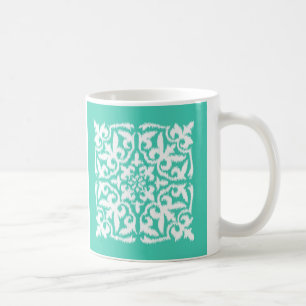 Ikat damask pattern - peacock blue and white coffee mug