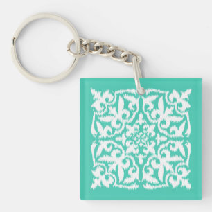 Ikat damask pattern - peacock blue and white keychain