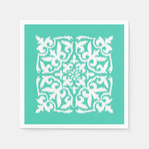 Ikat damask pattern - peacock blue and white napkins