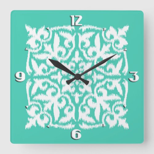 Ikat damask pattern _ peacock blue and white square wall clock