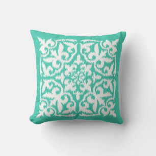 Ikat damask pattern - peacock blue and white throw pillow