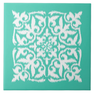 Ikat damask pattern - peacock blue and white tile