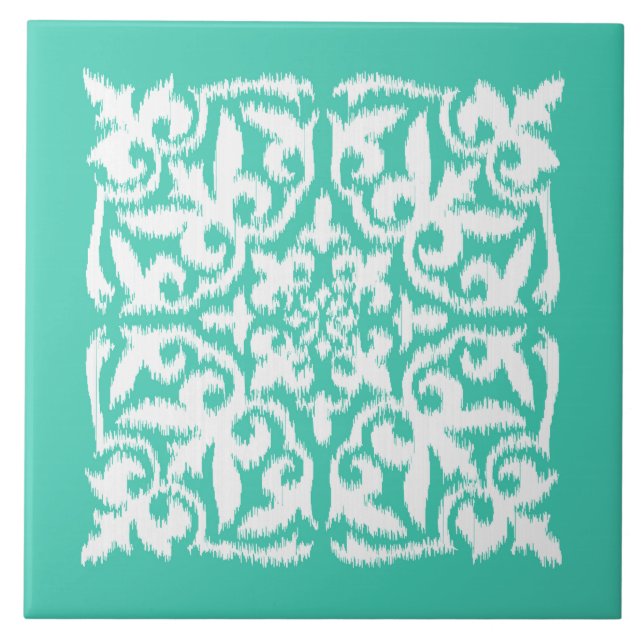Ikat damask pattern - peacock blue and white tile (Front)