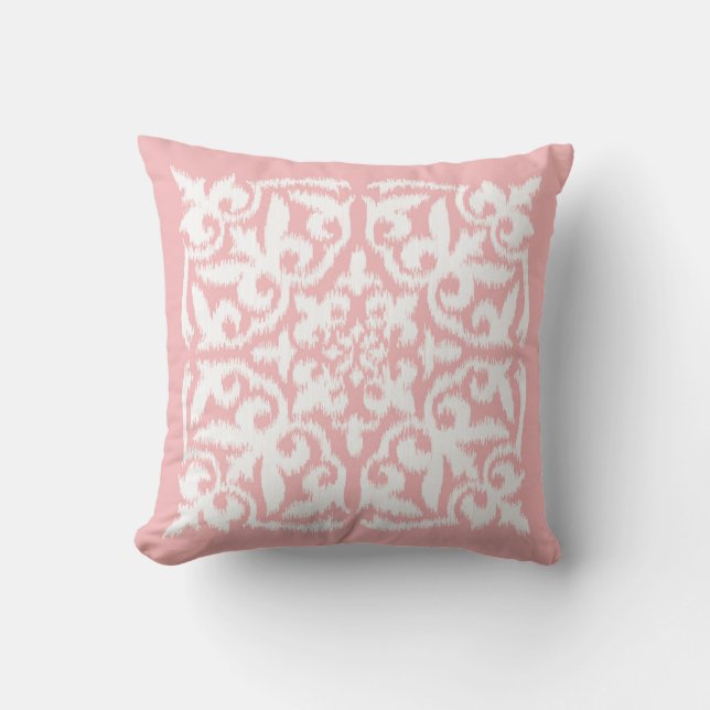 Ikat damask pattern - shell pink and white throw pillow (Front)